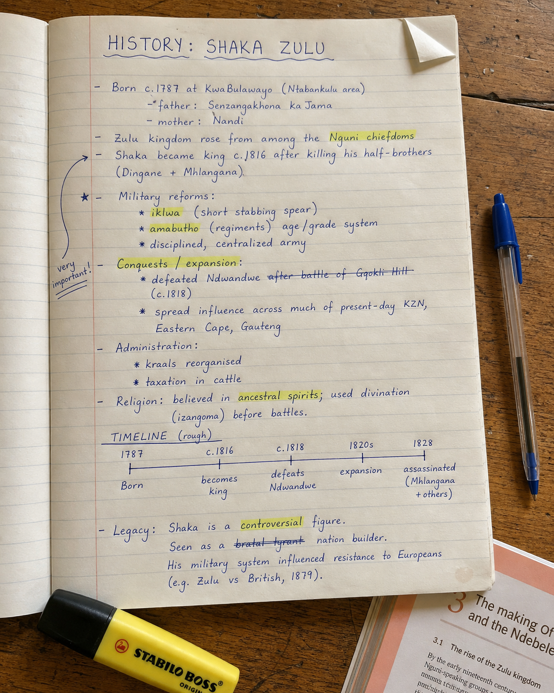 Photographed handwritten student notes about Shaka Zulu, with highlighted terms and timeline.